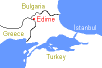 エディルネはトルコのヨーロッパ側にあり、ブルガリア、ギリシャと国境を接している。