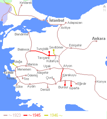 トルコ西部の鉄道網。